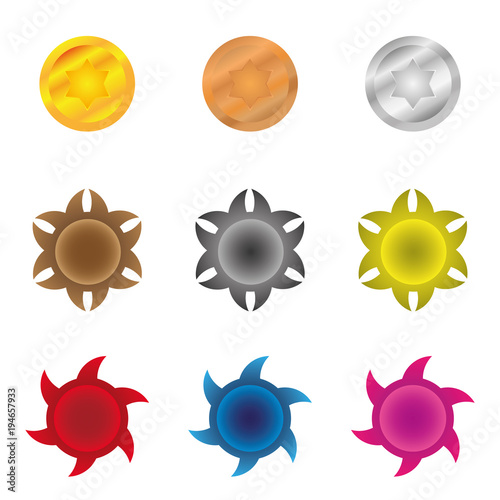 colorful starburst badge shapes, starburst seals, glossy