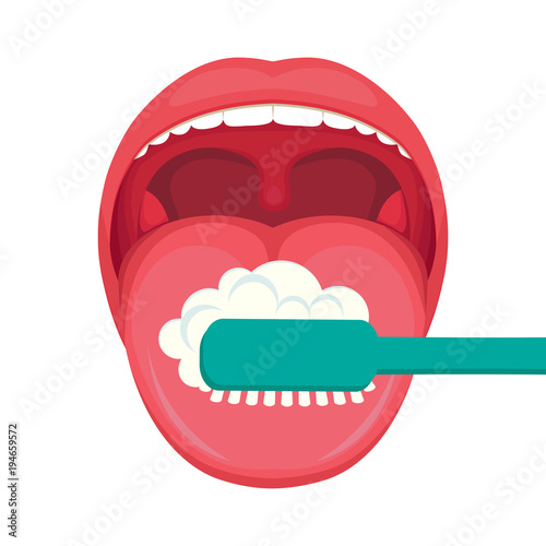 vector illustration of tongue hygiene, brush and toothbrush . dental care. white teeth clean