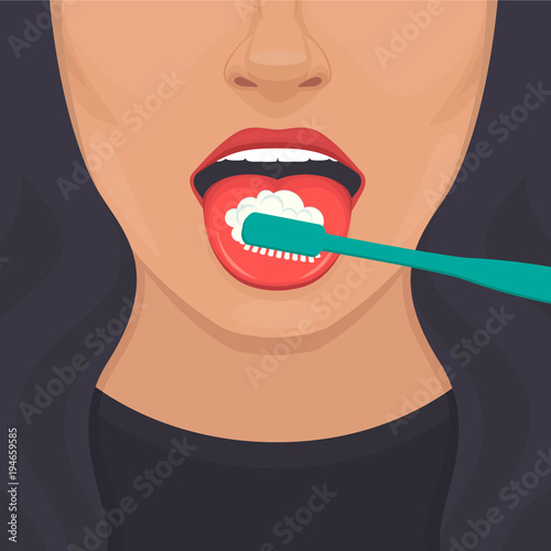 vector illustration of tongue hygiene, brush and toothbrush . dental care. white teeth clean