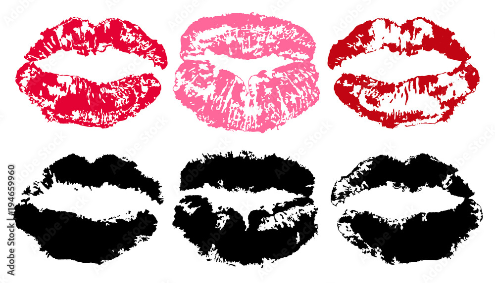 Imprint of lipstick. Lips trace isolated on white background, vector silhouette. Kiss set Imprint of lipstick. Lips trace isolated on white background, vector silhouette. Kiss set