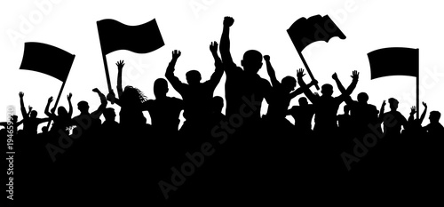 Crowd of people with flags, banners. Sports, mob, fans. Demonstration, manifestation, protest, strike, revolution. Silhouette background vector