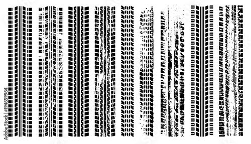 Tires trail silhouette set. Imprint of the car. Grunge tire tracks. Trace of automotive rubber. Black tire track. Tire track isolated silhouette vector. Tire track road