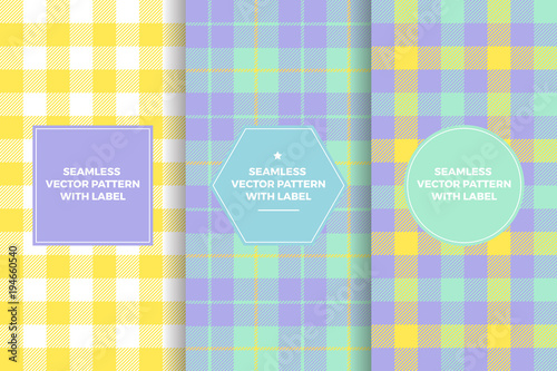 Pastel Colors Gingham and Tartan Plaid Seamless Patterns with Label Frames. Copy Space for Text. Set of Design Templates for Packaging, Covers or Gift Wrapping. Perfect for Easter or Beauty Products.
