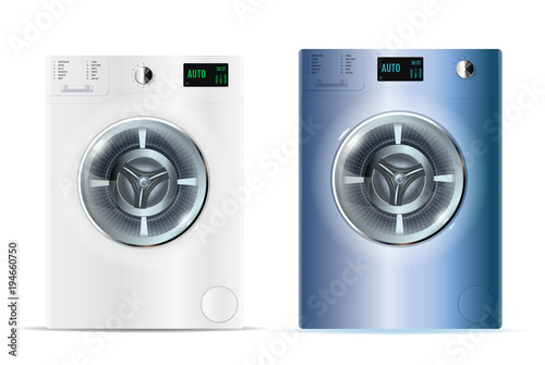 3d realistic vector washers. Realistic white and blue steel front loading washing machines on a white background. Front view, close-up.