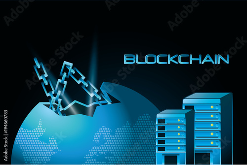 blue shading design of blockchain concept with earth palnet and data servers over black background, vector illustration