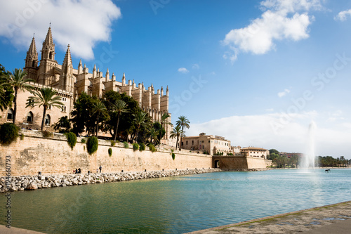 Panoramic view of La Seu  the gothic medieval cathedral of Palma de Mallorca  Spain