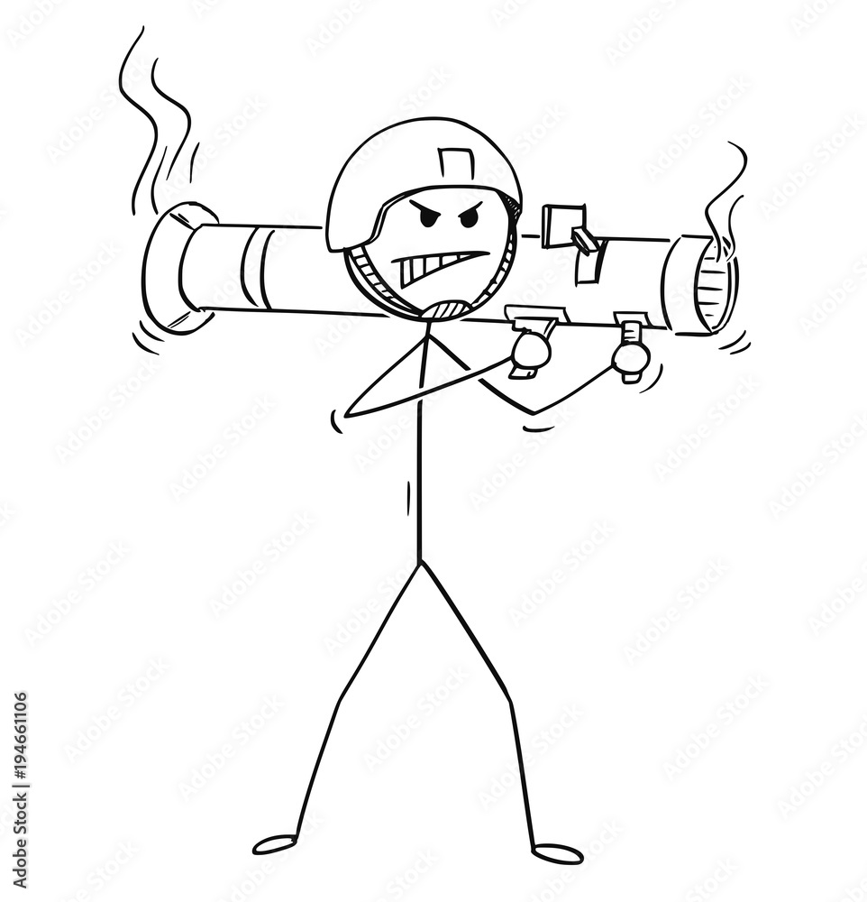 Cartoon stick man drawing conceptual illustration of soldier shooting from rocket launcher