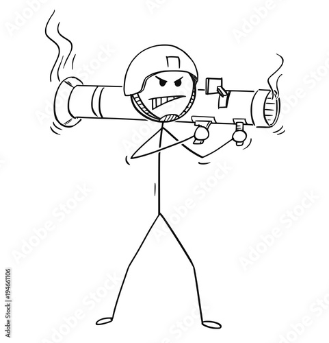 Cartoon stick man drawing conceptual illustration of soldier shooting from rocket launcher.