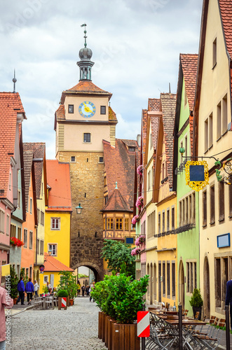 Beautiful streets in Rothenburg ob der Tauber with traditional German houses, Bavaria, Germany