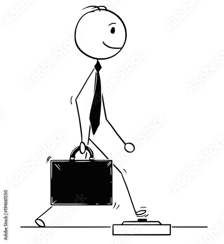 Cartoon stick man drawing conceptual illustration of successful businessman walking and step on land mine on the ground. Business concept of competition and trap.