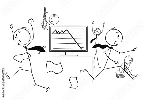 Cartoon stick man drawing conceptual illustration of scared businessmen running in panic, crying or committing suicide scared by low profit or price chart. Business concept of sensitive market and