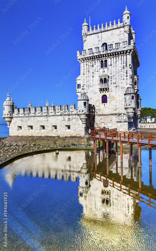 Fototapeta premium Belem Tower Torre Portuguese Symbol Reflection Lisbon Portugal