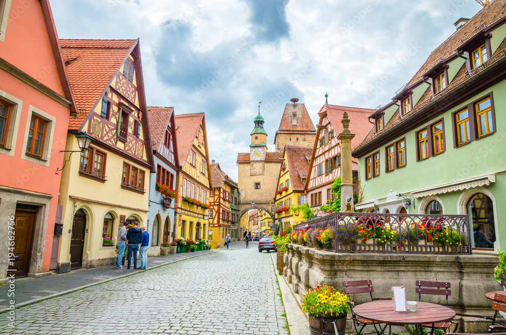 Beautiful streets in Rothenburg ob der Tauber with traditional German houses, Bavaria, Germany