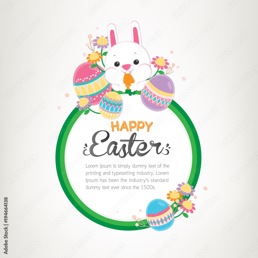 Easter banner background template with white bunny, spring flowers and colorful eggs. Vector illustration.