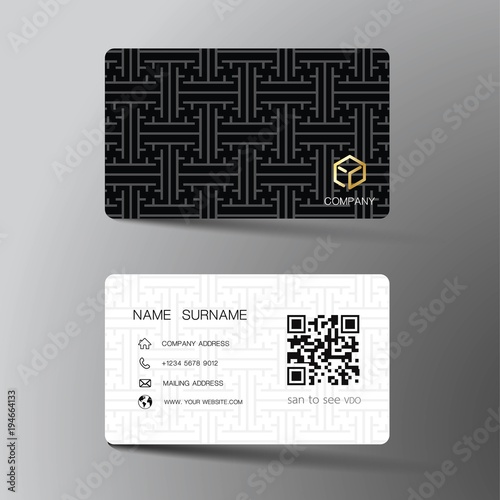 Realistic detailed business card design. With inspiration from the abstract. Contact card for company. Two sided black and white on the gray background. Vector illustration. 