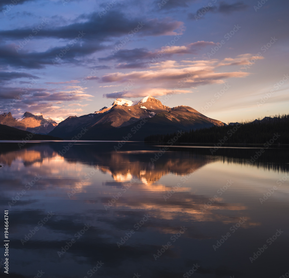 A stunning sunset over Maligne Lake of Jasper National Park