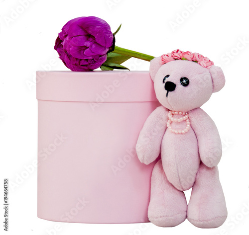 Pink box with purple pion and pink toy of bear cubs in beads and wreath, mockup for florist photo