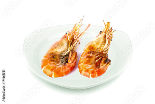 Shrimp in white plate on white background