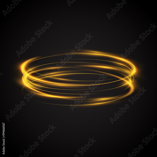 Abstract glowing rings. Colored neon circles. A bright trace from the blazing rays of swirling in a fast motion in a spiral. Slow shutter speed effect. Transparent light vector illustration