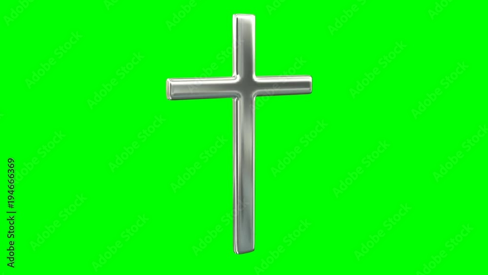 Animated shinning simple silver cross with bevel edges spinning against green background. Isolated and loop able.