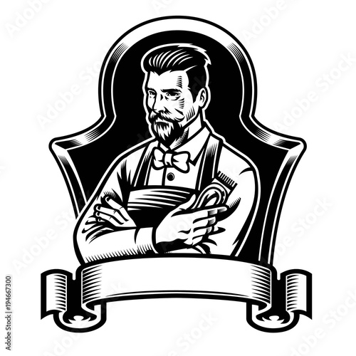 barber holding clippers with blank ribbon for text