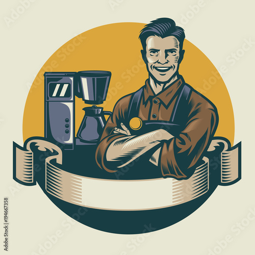 retro design barista posing with the espresso machine background