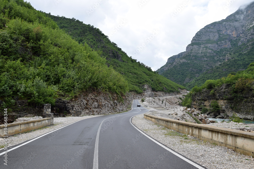 Albanian SH20 road. Gorge of Cem river in north Albanian mountains. Albania.