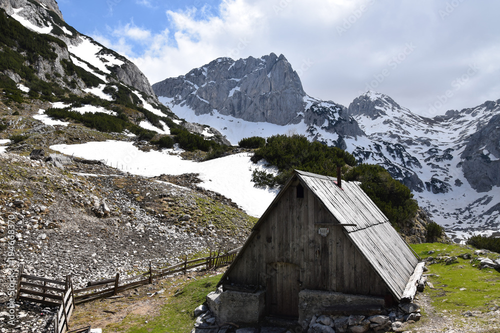 Mountain shelter with beer in Durmitor national park. Mountains, near Bobotov Kuk. Montenegro.