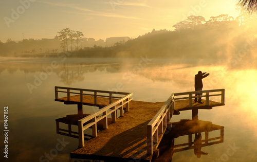 Da Lat sunrise  silhouette of man do exercise