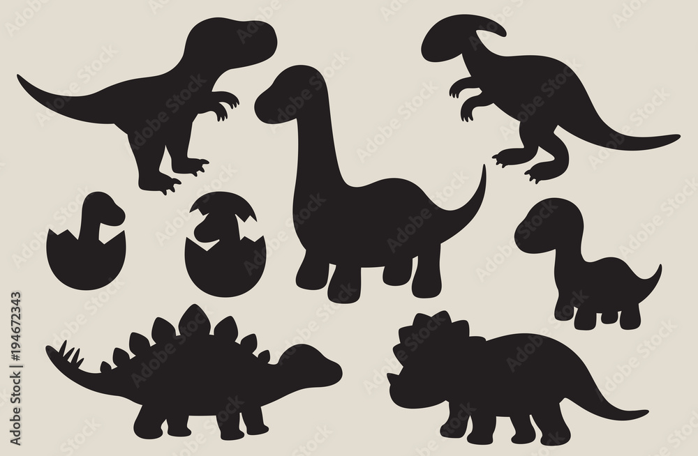 Naklejka Ilustracji wektorowych z sylwetką dinozaura, w tym Stegosaurus, Brontosaurus, Velociraptor, Triceratops, Tyrannosaurus rex i Spinosaurus.