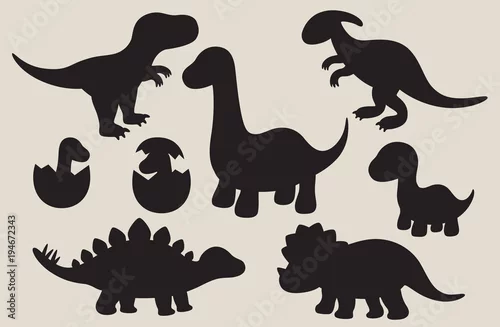 Fototapeta Ilustracja wektorowa sylwetki dinozaurów, w tym Stegozaur, Brontozaur, Velociraptor, Triceratops, Tyrannosaurus rex i Spinozaur.