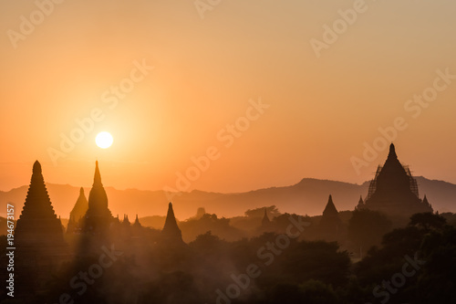 Magnificent sunset over pagodas and temples in Bagan  Myanmar