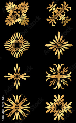 A set of golden Greek floral design icons and ornaments. 
