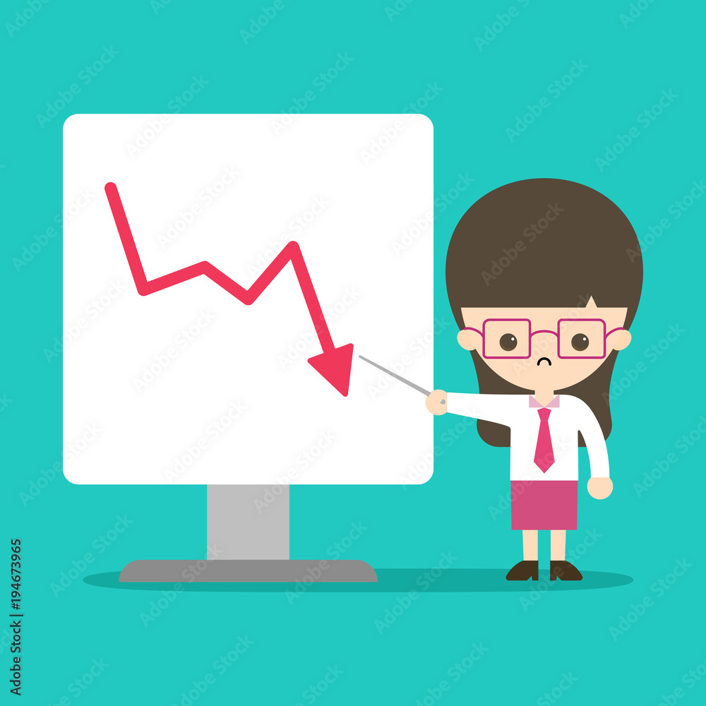 a young woman is presenting the down-sided graph. salaryman concept. vector illustration. a young woman is presenting the down-sided graph. salaryman concept. vector illustration.