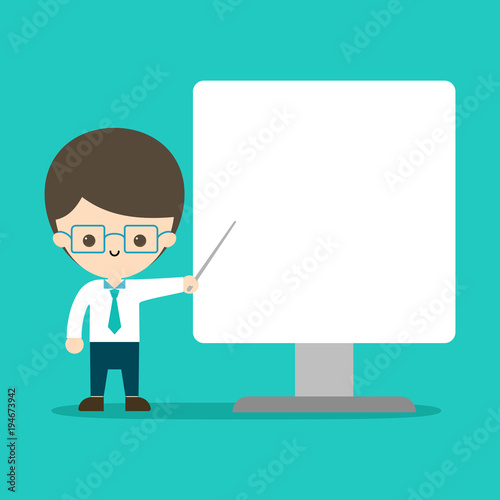 a young man is pointing something in monitor. copy space design. vector illustration.