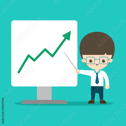 a man is presenting about up-sided graph. salaryman concept. vector illustration.