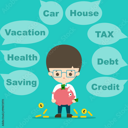 A young man is handing on a piggy bank which has many money while he has a lot of to do lists. salaryman concept. vector illustration.