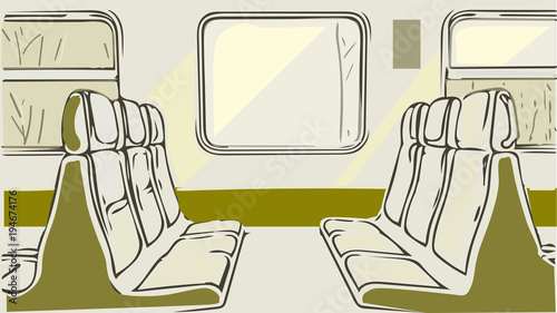 Train, commuter shuttle inside interior with seats, windows, shadows, Concept of transport, commuter trains, travel. Vector, copy space, sketch style.