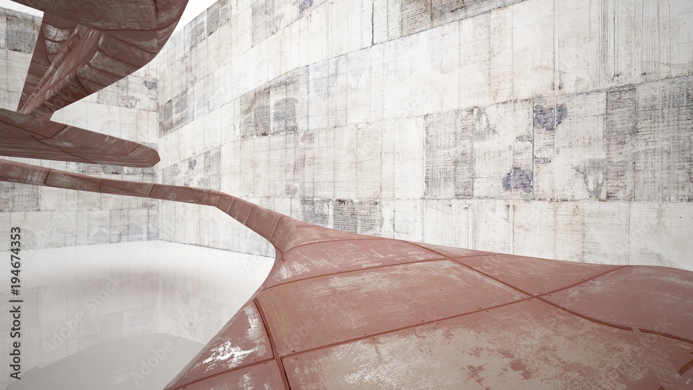 Empty smooth abstract room interior of sheets rusted metal with gray concrete. Architectural background. 3D illustration and rendering Empty smooth abstract room interior of sheets rusted metal with gray concrete. Architectural background. 3D illustration and rendering
