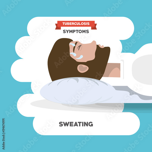 Tuberculosis symptoms design with cartoon man sweating over white and blue background, colorful design vector illustration