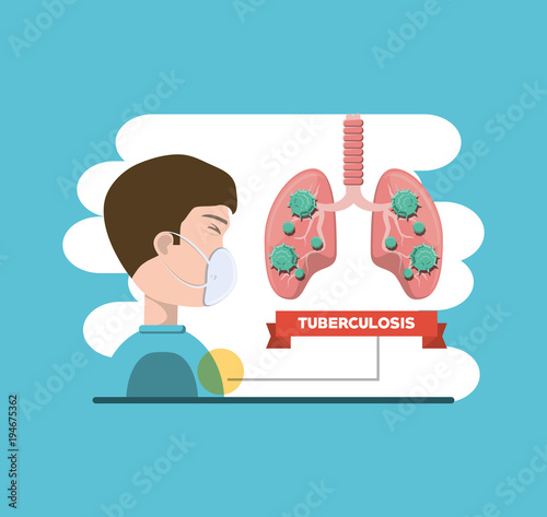 Tuberculosis design with lungs and man with surgical mask over blue and white background, colroful design vector illustration