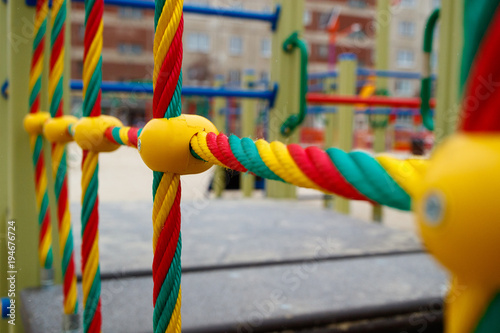 ropes of different colors on the playground, children's ropes for climbing on them