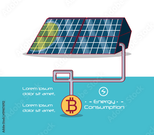Infographic of Energy Consumption design with solar panel and bitcoin icon over blue and white background, colorful design vector illustration