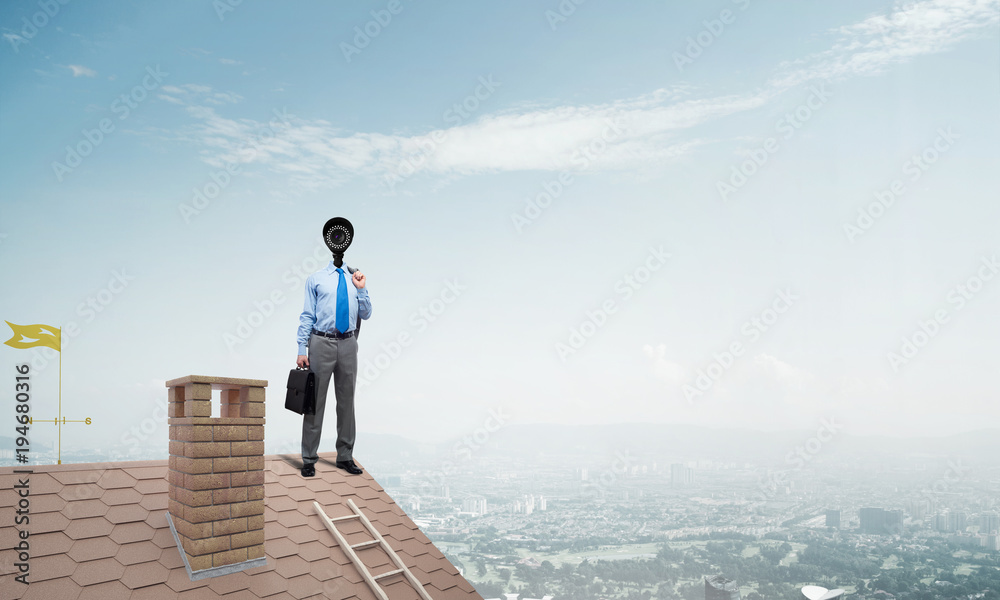 Concept of home security and privacy protection with camera headed man Concept of home security and privacy protection with camera headed man