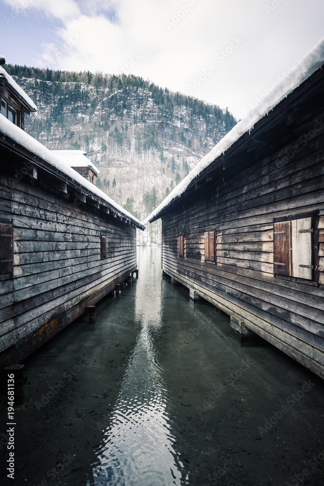 Wooden house for boats on Lake Konigssee. Bavaria. Germany Wooden house for boats on Lake Konigssee. Bavaria. Germany