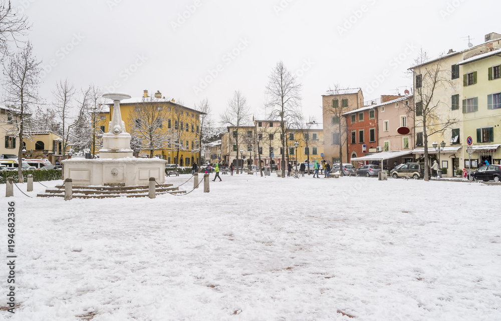 The center of Bientina, after a snowfall, Pisa, Tuscany, Italy