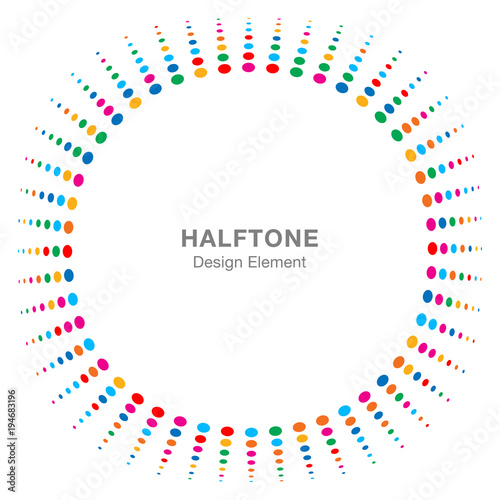 Convex distorted black abstract vector circle frame halftone dots logo emblem design element for new technology pattern background. Round border Icon using halftone circle dots raster texture. Vector 