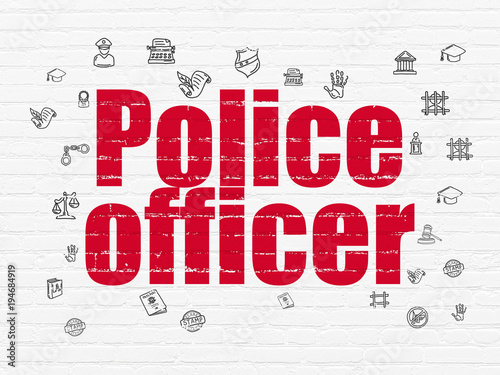 Law concept  Painted red text Police Officer on White Brick wall background with  Hand Drawn Law Icons