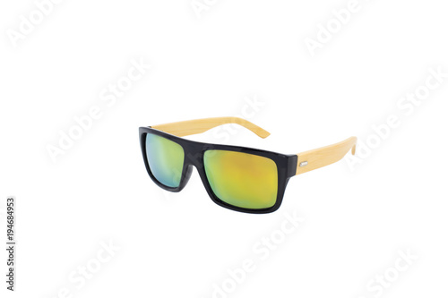 Fotografie Wooden mirrored sunglasses isolated over the white background