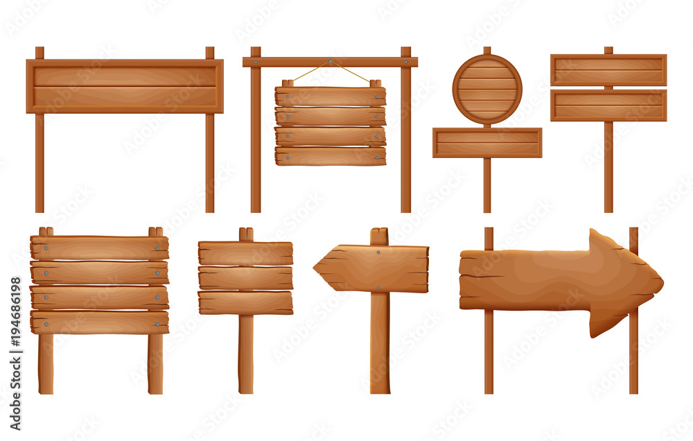 Wooden signboards, wood arrow sign set. Empty signboard banner collection isolated on white background. Wooden sign boards and arrows. Vector signs. Wooden signboards, wood arrow sign set. Empty signboard banner collection isolated on white background. Wooden sign boards and arrows. Vector signs.